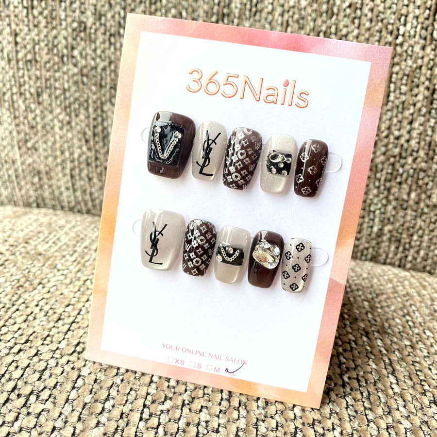 Luxury Logo 365nails: "Espresso Luxury Mix" – 3D Bag Charm & Silver Typography Handmade Squoval Nails