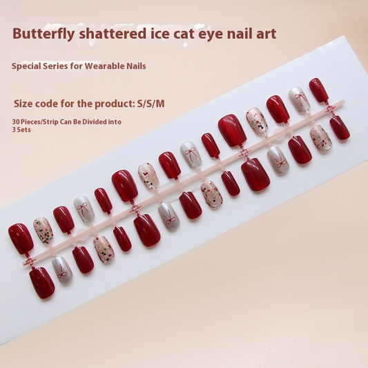 Nail Tips  prefabricated nail cat eye three-dimensional red bow colorful and flashing  press on nails 30 pieces｜365nails