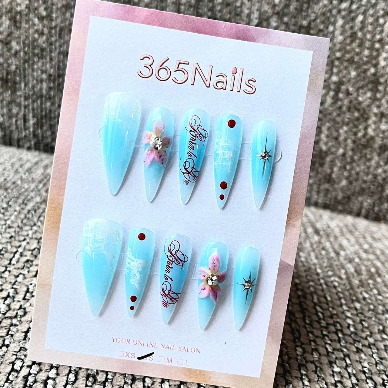 Blue Ombre Press-On Nails with 3D Flowers & Lettering