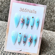 Blue Ombre Press-On Nails with 3D Flowers & Lettering