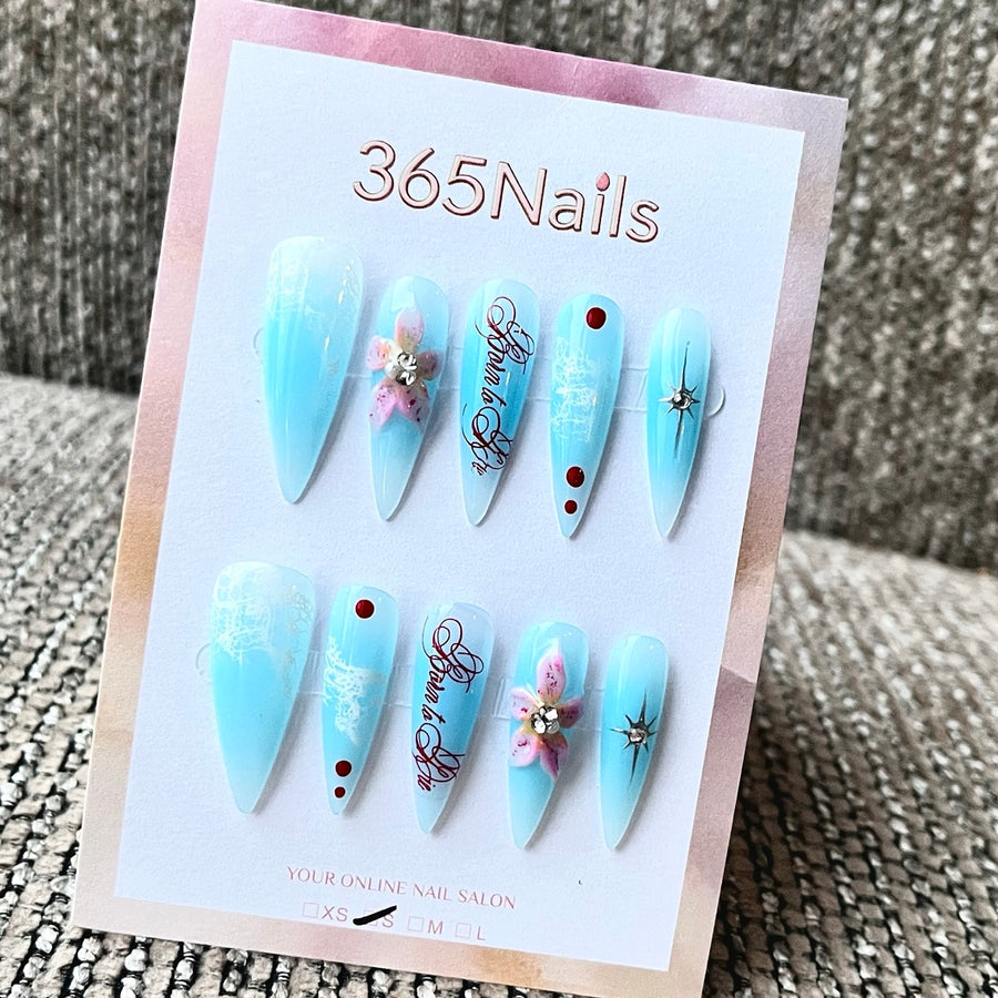 Blue Ombre Press-On Nails with 3D Flowers & Lettering