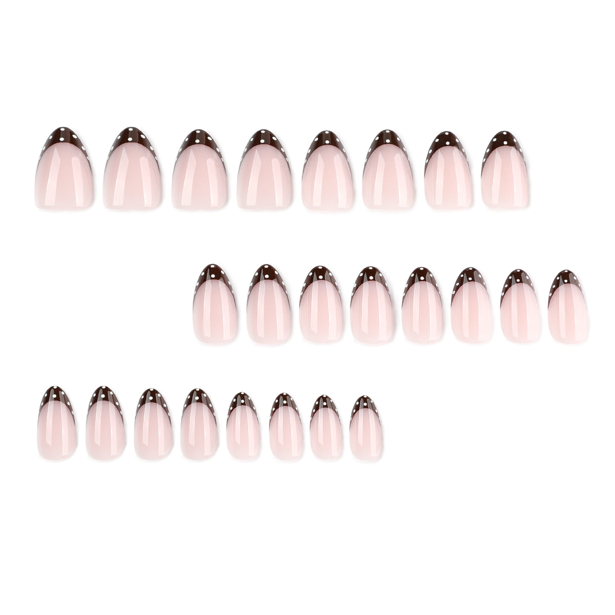 Set of 24 almond press-on nails arranged in three rows, pink with brown dotted tips