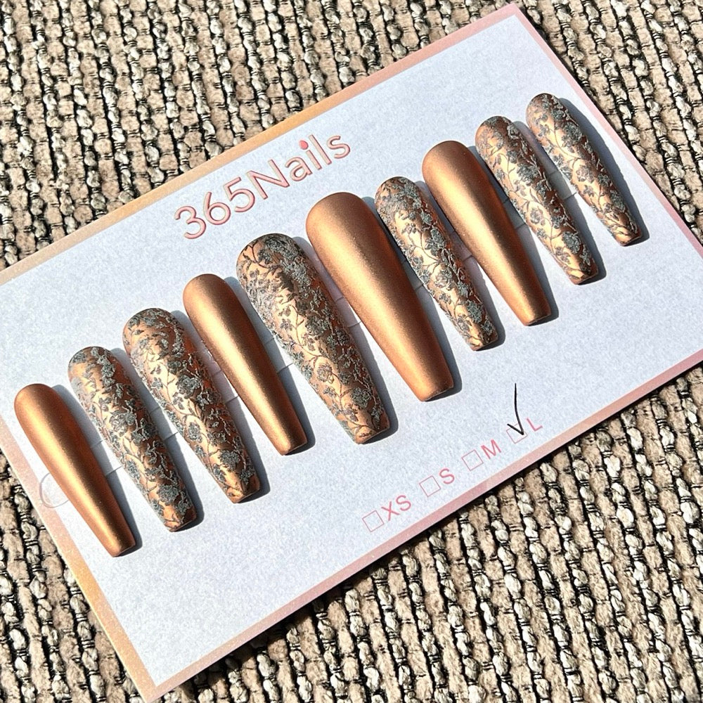 365nails: "Bronze Floral Lace" – Matte Bronze & Silver Lace Print Handmade Coffin Nails