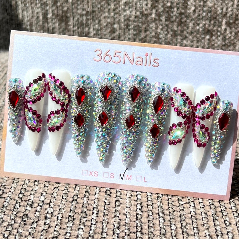 365nails: 루비 나비 – 3D 크리스탈 & 라인스톤 수제 롱 스틸레토형 네일