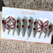 365nails: 루비 나비 – 3D 크리스탈 & 라인스톤 수제 롱 스틸레토형 네일