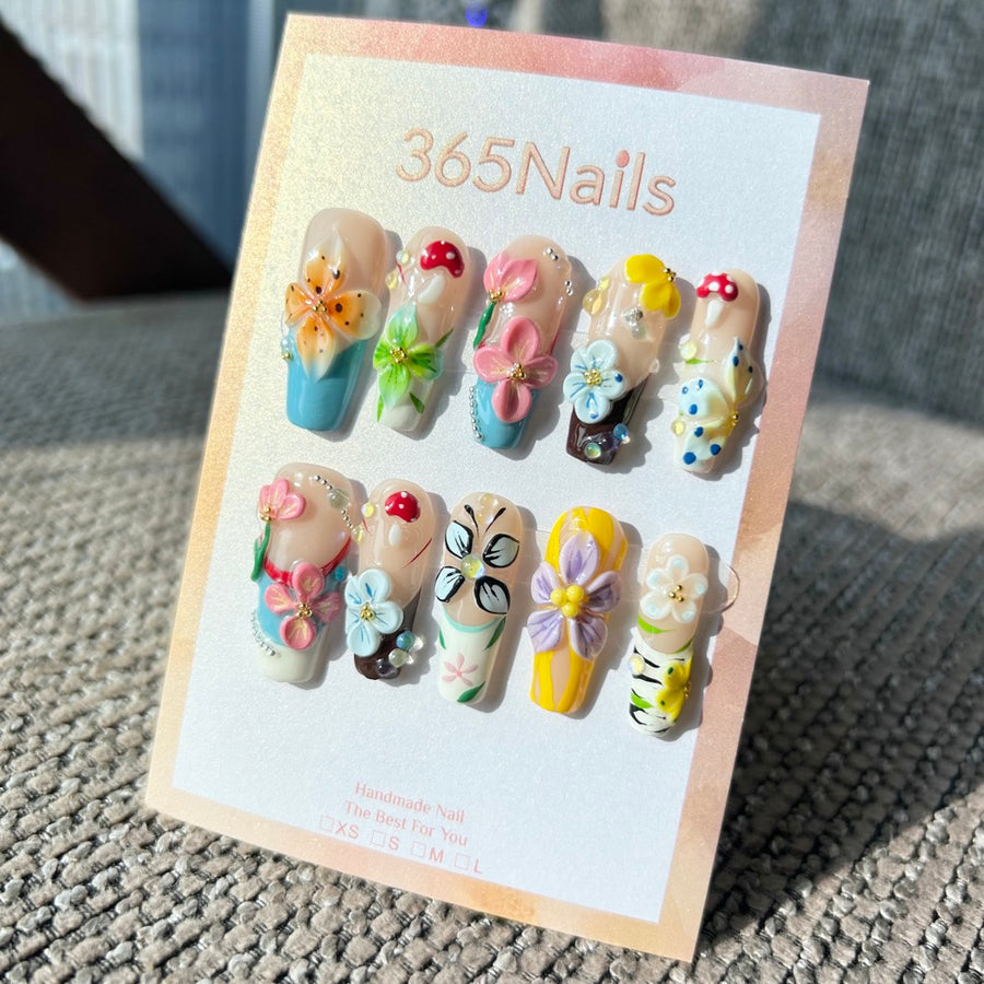 Handmade "Enchanted Forest" Mixed Media Press-on Nails | 3D Mushroom, Butterfly & Floral | Long Coffin