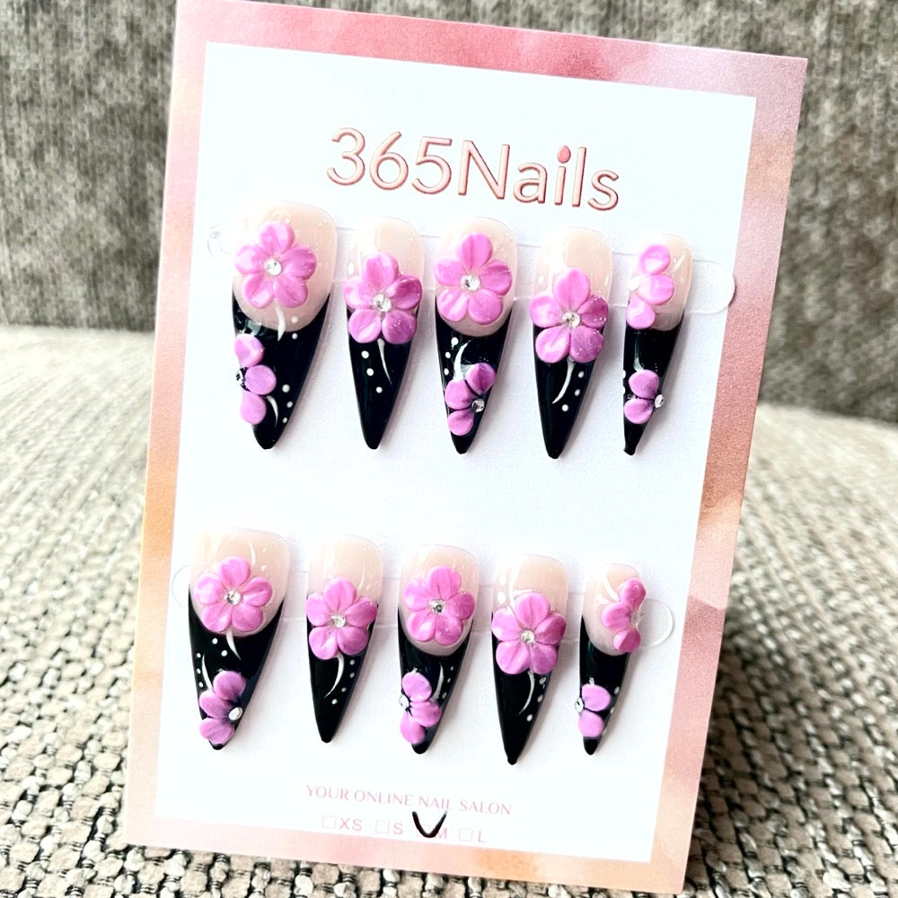 365nails : "Jardin de minuit" – Ongles stiletto faits main avec fleurs 3D