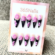 365nails : "Jardin de minuit" – Ongles stiletto faits main avec fleurs 3D