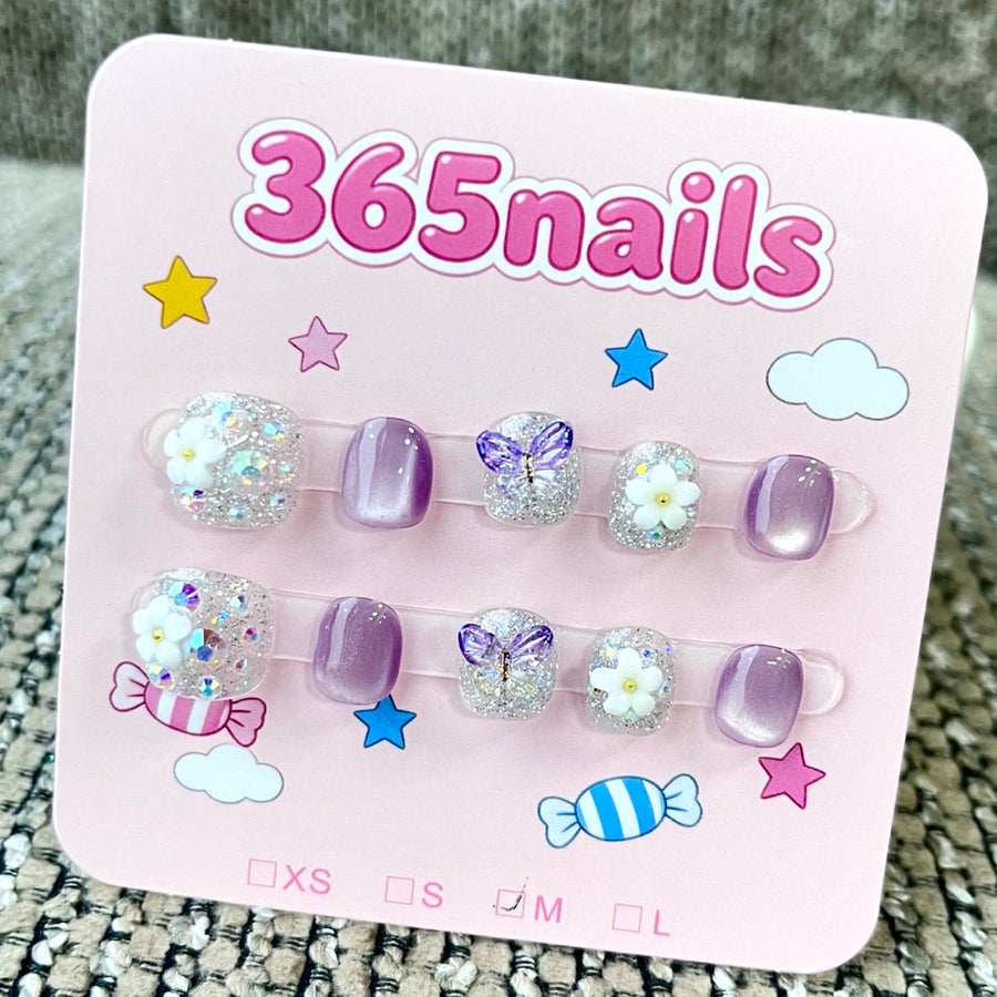 365nails: "Lavender Dreams" – 3D Floral & Butterfly Handmade Short Nails