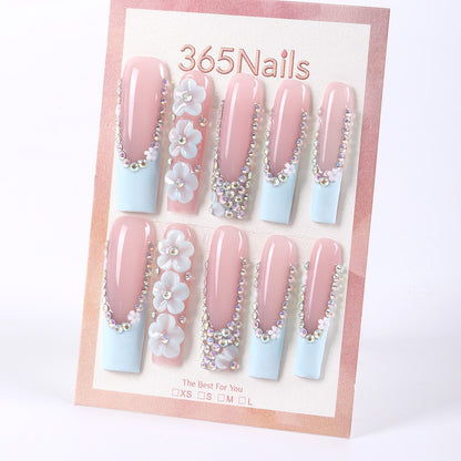 365nails icy‑blue French with crystal florals long square press-ons