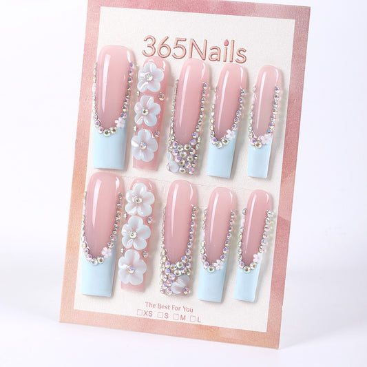 365nails icy‑blue French with crystal florals long square press-ons