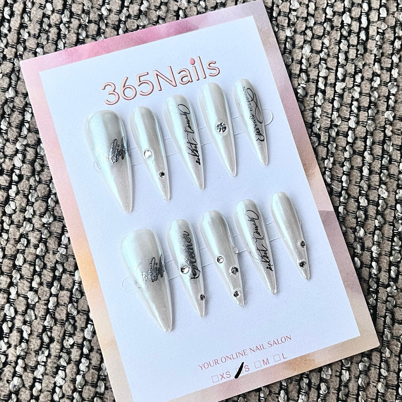 Shimmering Silver Stiletto Press-On Nails with Inspirational Script