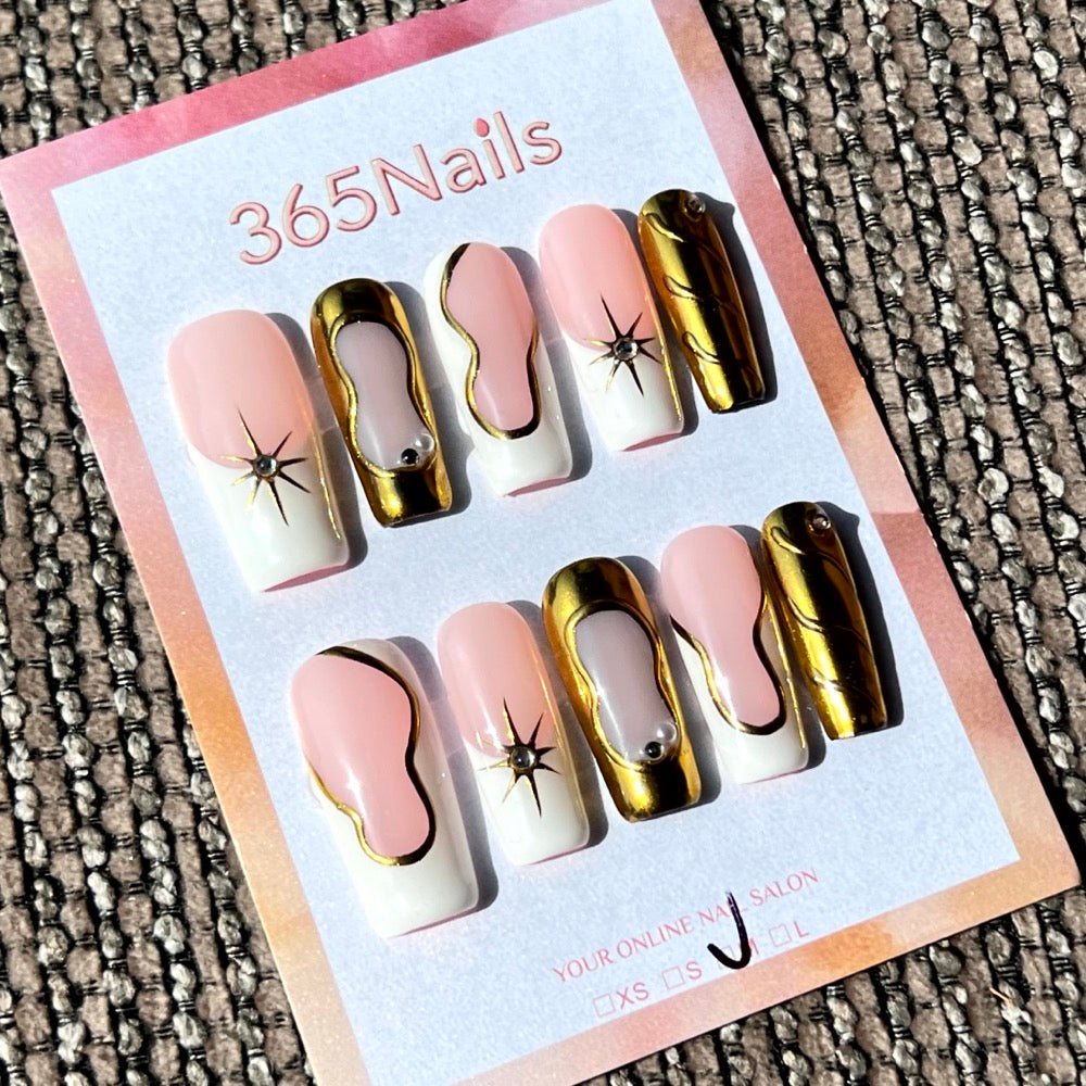 365nails: "Gilded Starlight" – 3D Metallic & Abstract Line Handmade Almond Nails