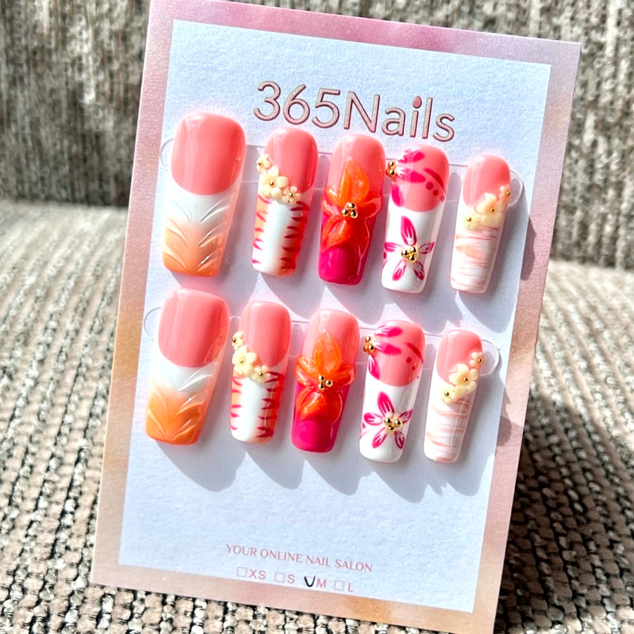 365nails: "Sunset Garden French" – Handmade Medium Coffin Press-On Nails