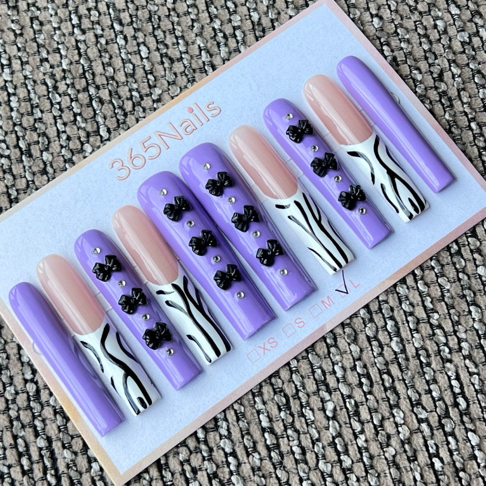 365nails: "Wild Lilac" – 3D Bow & Zebra Print Handmade Square Nails