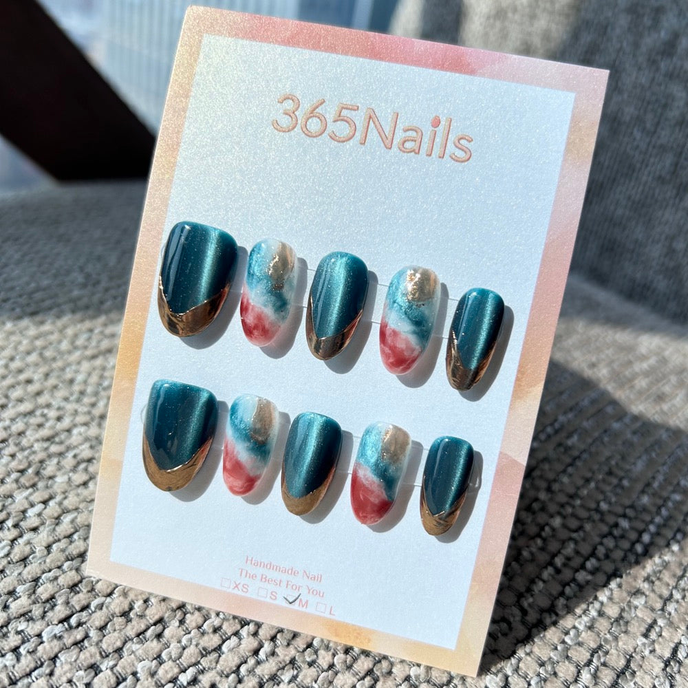 "Gilded Teal Cinnabar" – Deep Teal Cat Eye & Red-Blue Marble with Melting Gold Chrome Tip Oval Nails