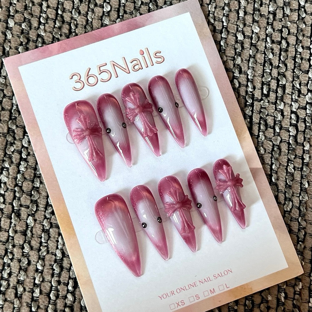 Rose Veil - Rose Ombre Bow Pointed Press-On Nails