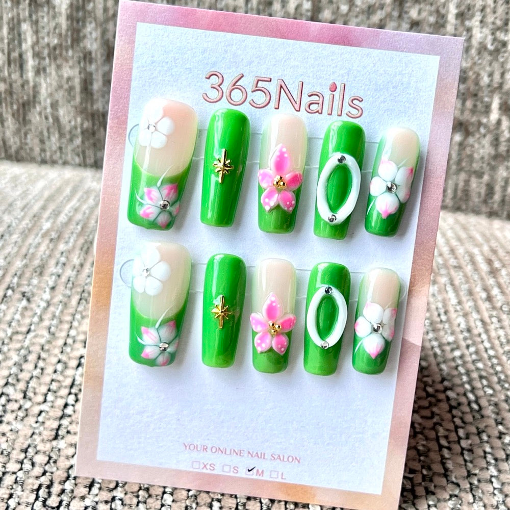 365nails: "봄 난초 가든" – 수제 미디엄 스퀘어형 프레스온 네일