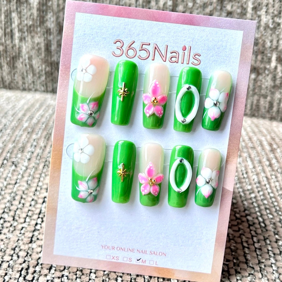 365nails: "Spring Orchid Garden" – Handmade Medium Square Press-On Nails