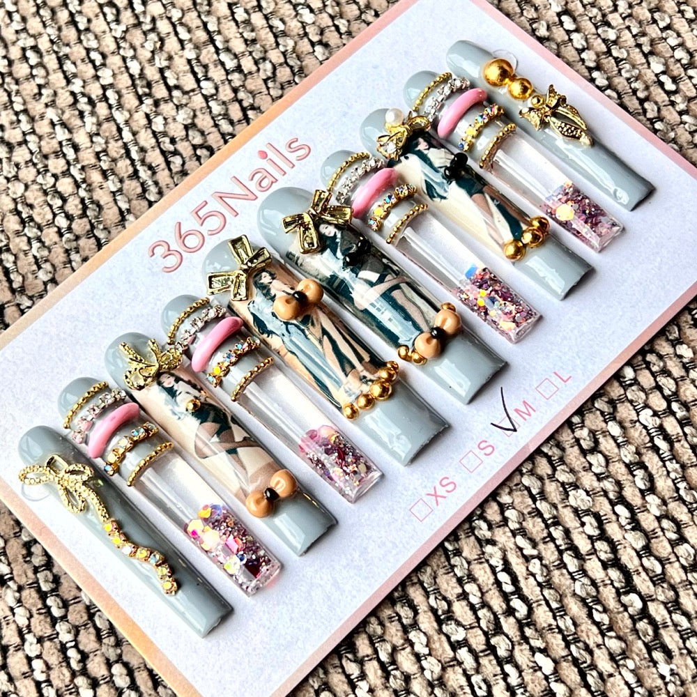 365nails: "Preppy Grey Chic Doll" – Handmade Liquid Motion Press-On Long Pipe Nails-5.5cm