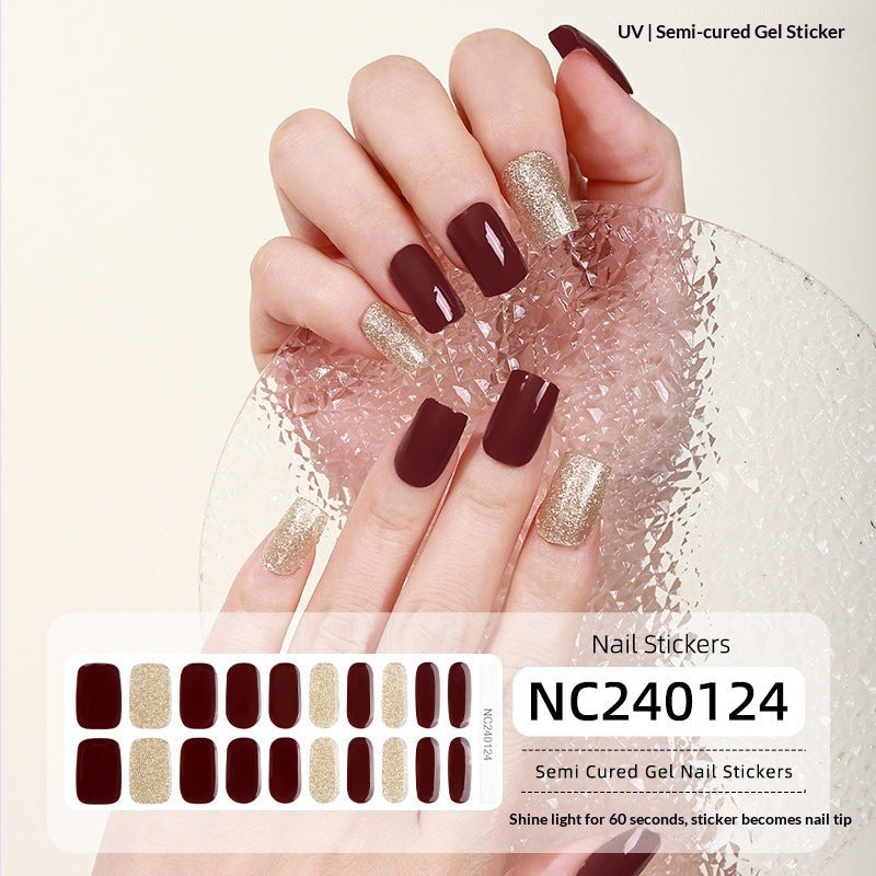 Semi-Cured Gel Nail Strips French Glitter Pink Sparkle Glossy Set (MOQ=3)