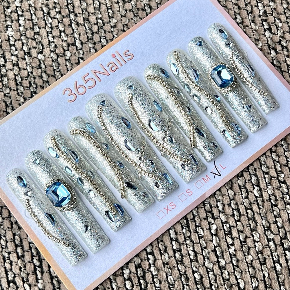 365nails: "Glacial Royalty" – 3D Crystal Chain Handmade Press on Nails Long Coffin Nails