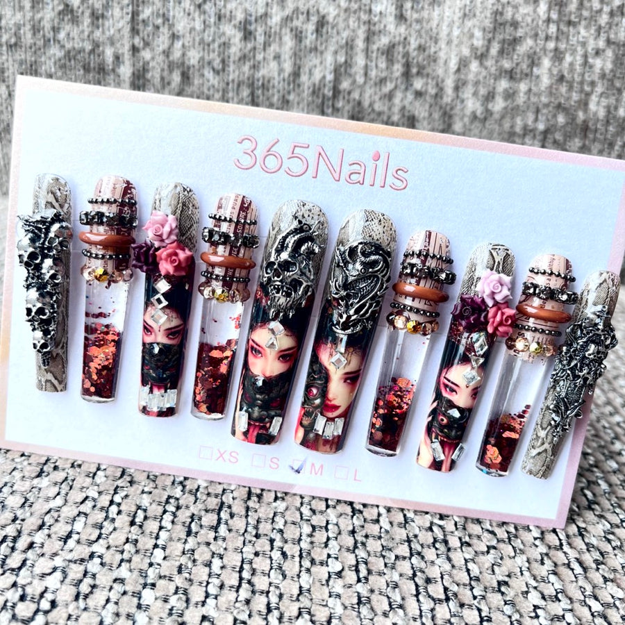 365nails : « Muse gothique » – ongles forme coffin faits main, art 3D sombre — 5.5cm