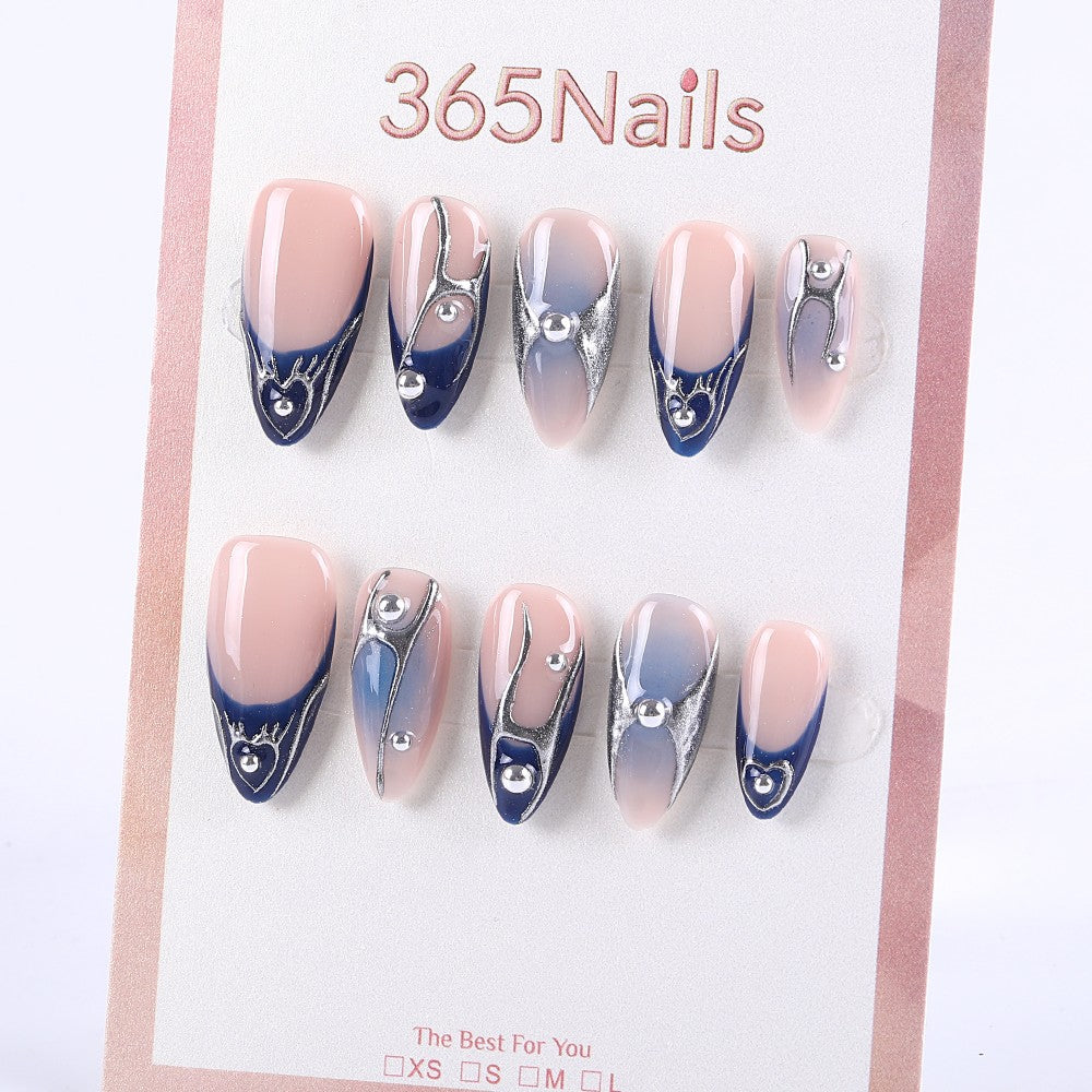 Nude and Navy Metallic Press-On Nails with Silver Lines and Rhinestones