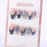Nude and Navy Metallic Press-On Nails with Silver Lines and Rhinestones