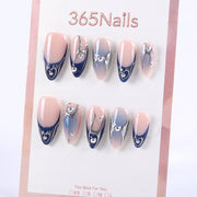 Nude and Navy Metallic Press-On Nails with Silver Lines and Rhinestones ( MOQ=5pcs )