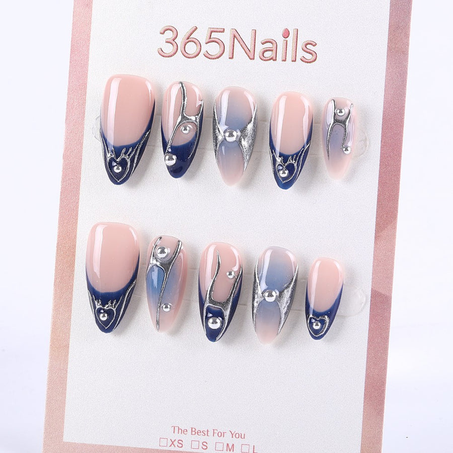 Nude and Navy Metallic Press-On Nails with Silver Lines and Rhinestones ( MOQ=5pcs )
