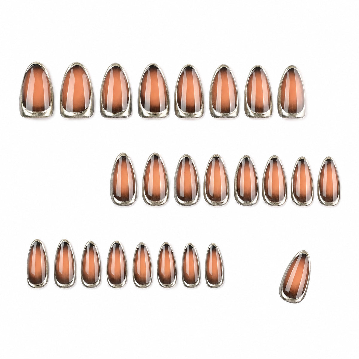 Set of brown gradient almond press-on nails arranged in rows with a 3D effect callout.