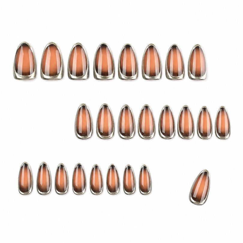 Set of brown gradient almond press-on nails arranged in rows with a 3D effect callout.