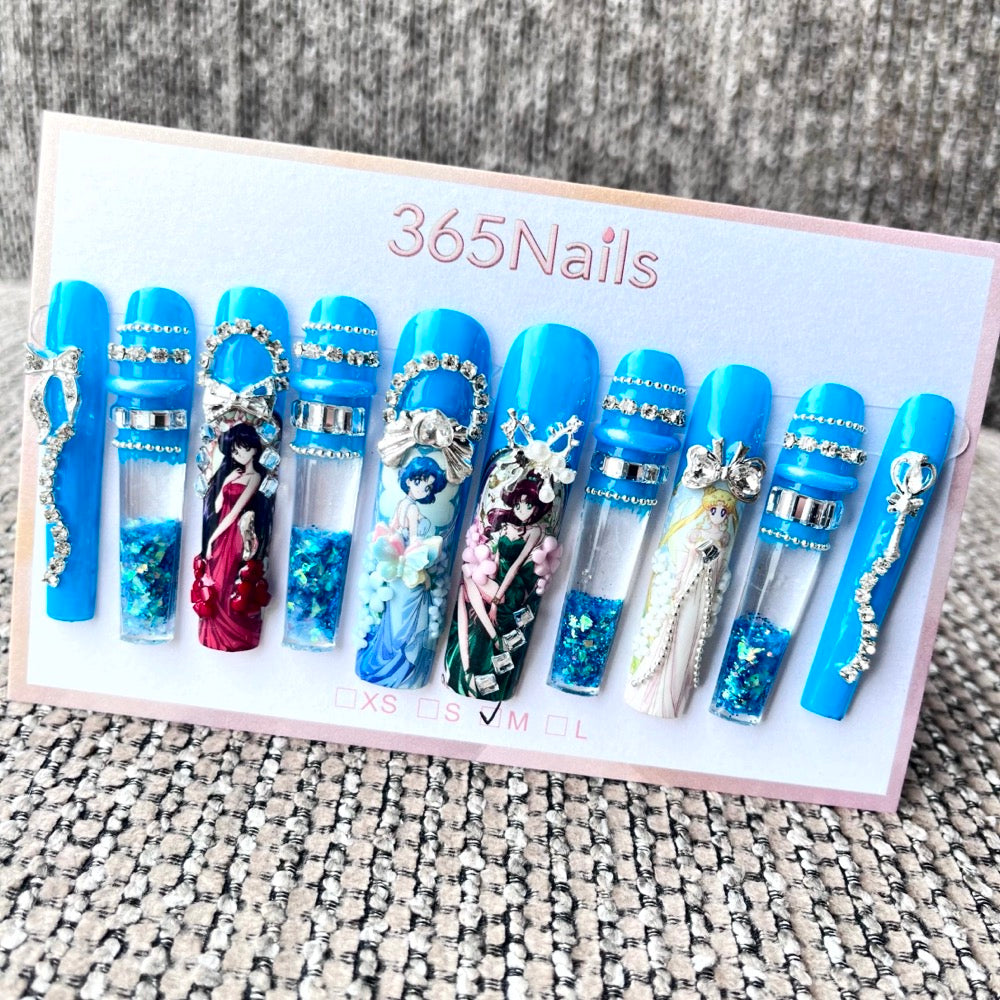 365nails: "Cerulean Dream" – 3D Figure Art Handmade Coffin Nails-5.5cm