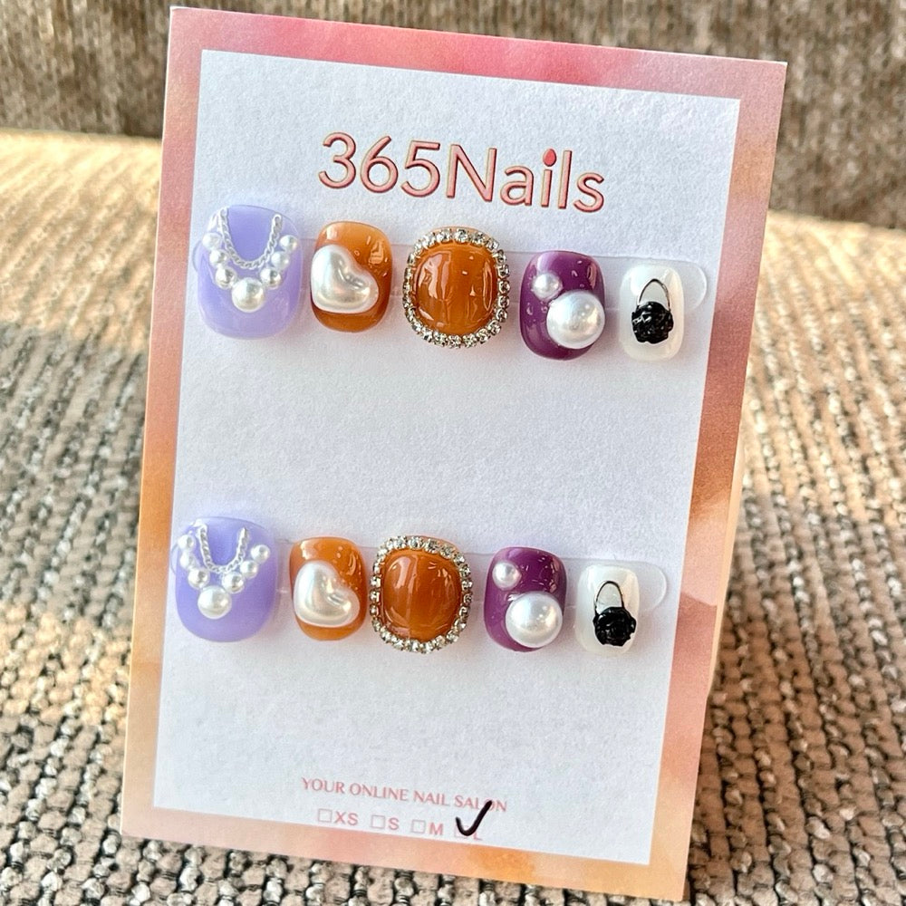 365nails 컬러풀 펄 하트 라인스톤 — 수제 숏 스퀘어형 프레스온 네일