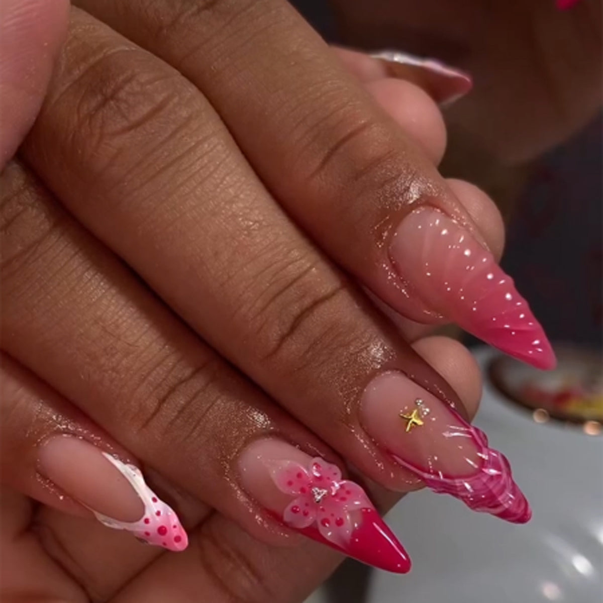 3D French Floral Glossy Pink White Almond Short Press On Nails – Design 49