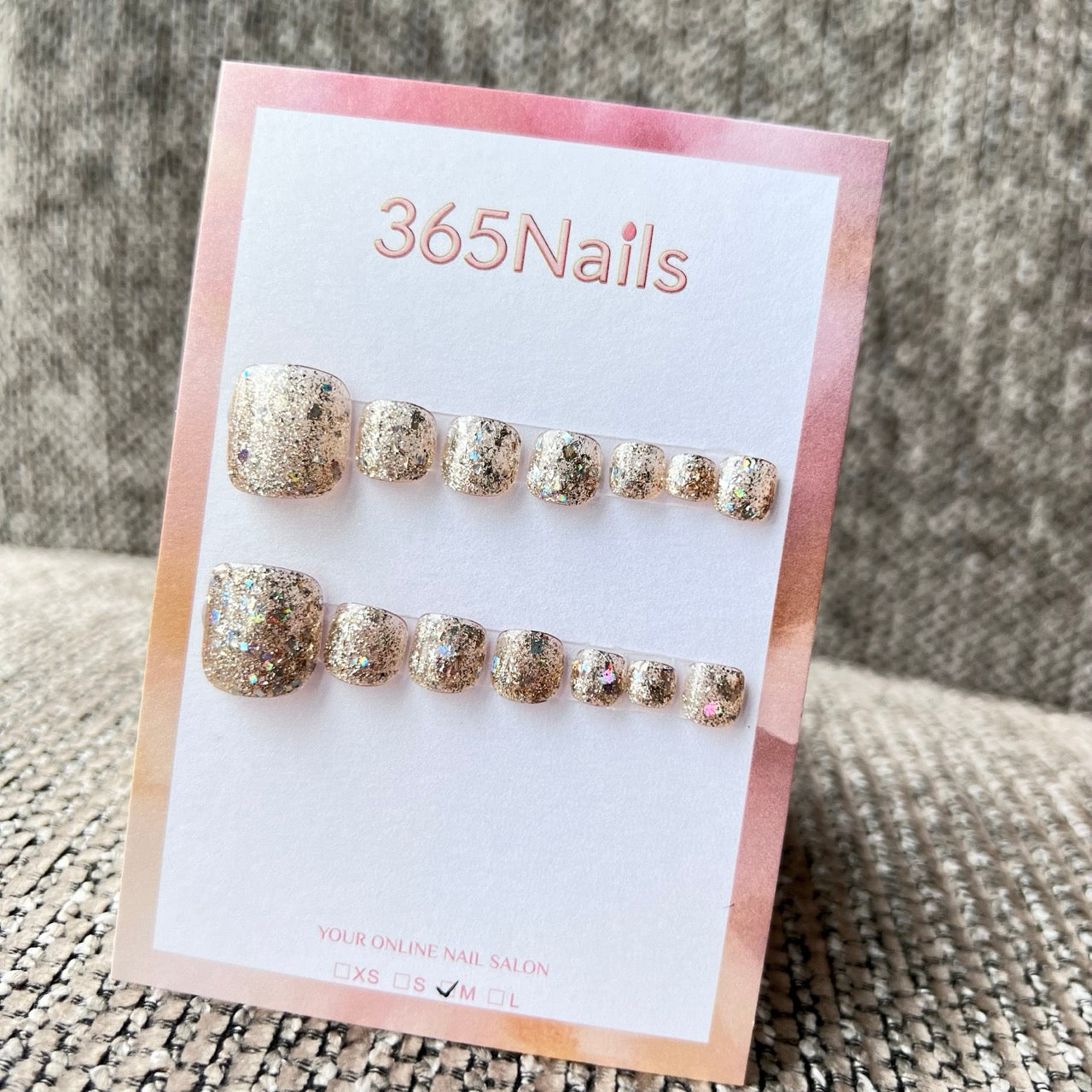 365nails：香檳金碎亮粉 — 手工製足部穿戴甲