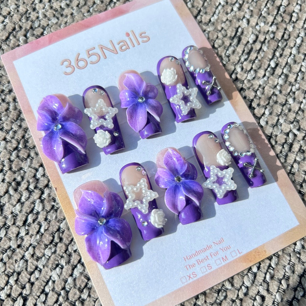 Sculpted Flora: "Electric Violet Dream" – 3D Purple Flowers & Pearl Stars on French Tips Nails
