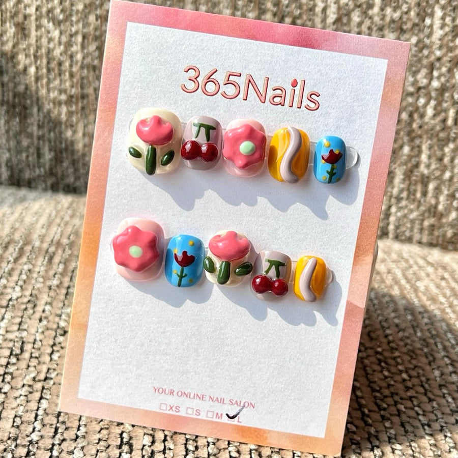 365nails: "Cute 3D Flower Cherry Mix" – Unhas Postiças Artesanais Curtas Squoval