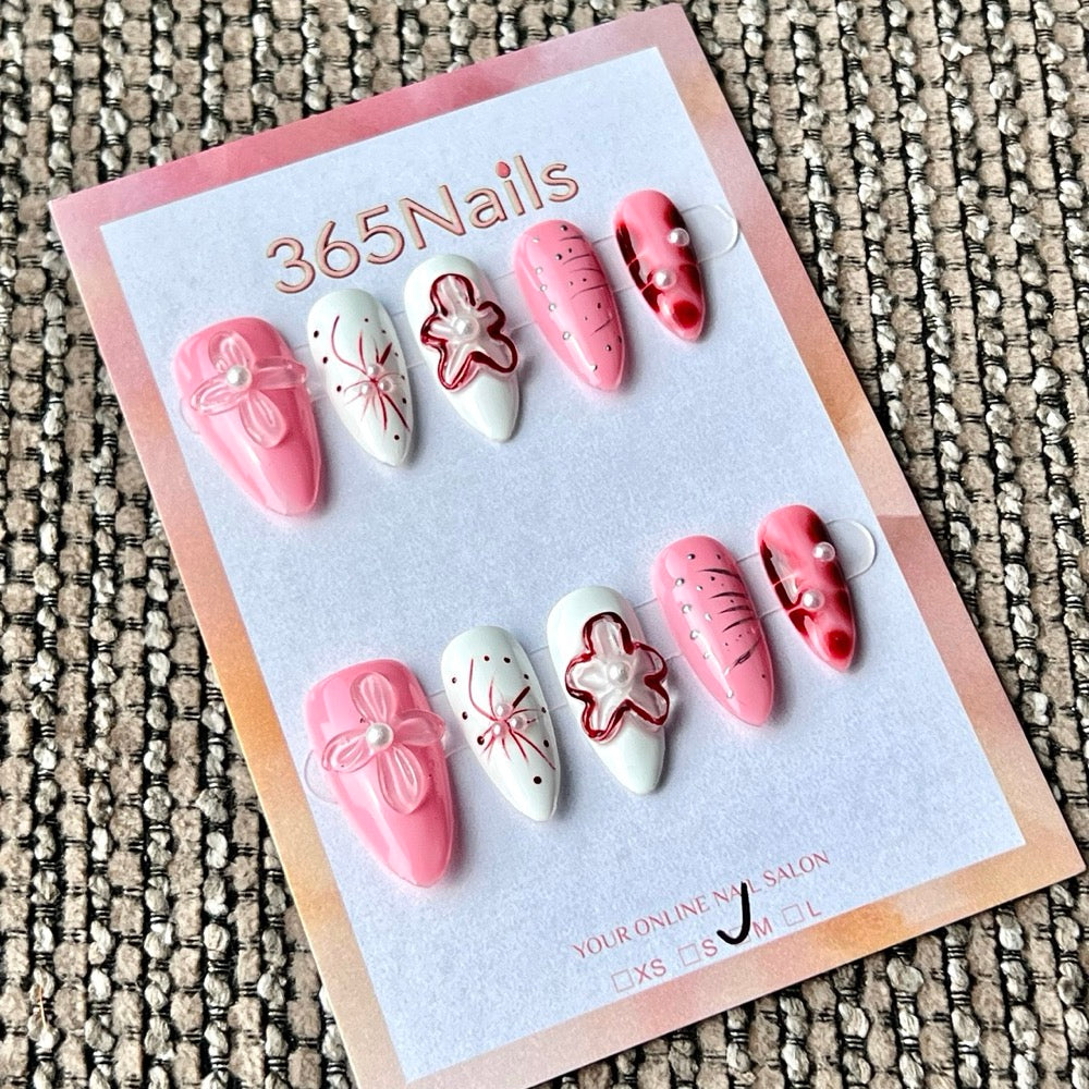 365nails: "Pink White Flower Pearl Mix" – Handmade Medium Stiletto Press-On Nails
