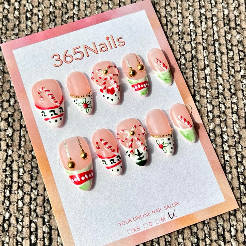 365nails: "Christmas Candy Cane Bow Mix" – Handmade Medium Stiletto Press-On Nails