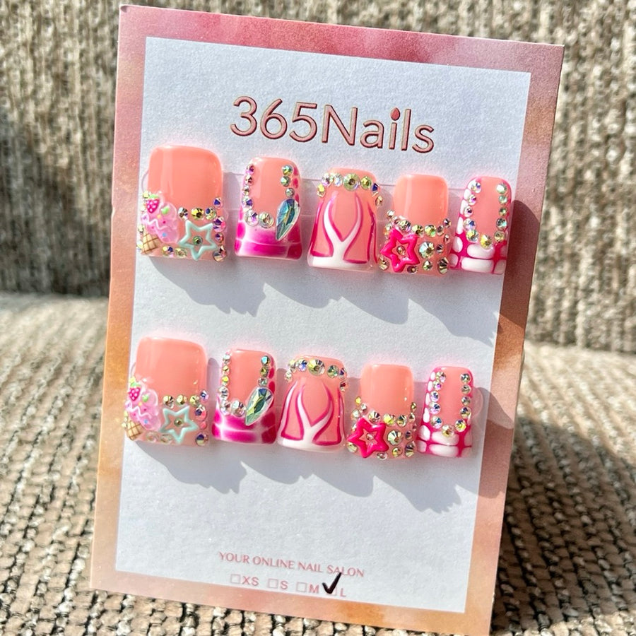 365nails: 핑크 아이스크림 별 라인스톤 수제 숏 사다리꼴형 프레스온 네일