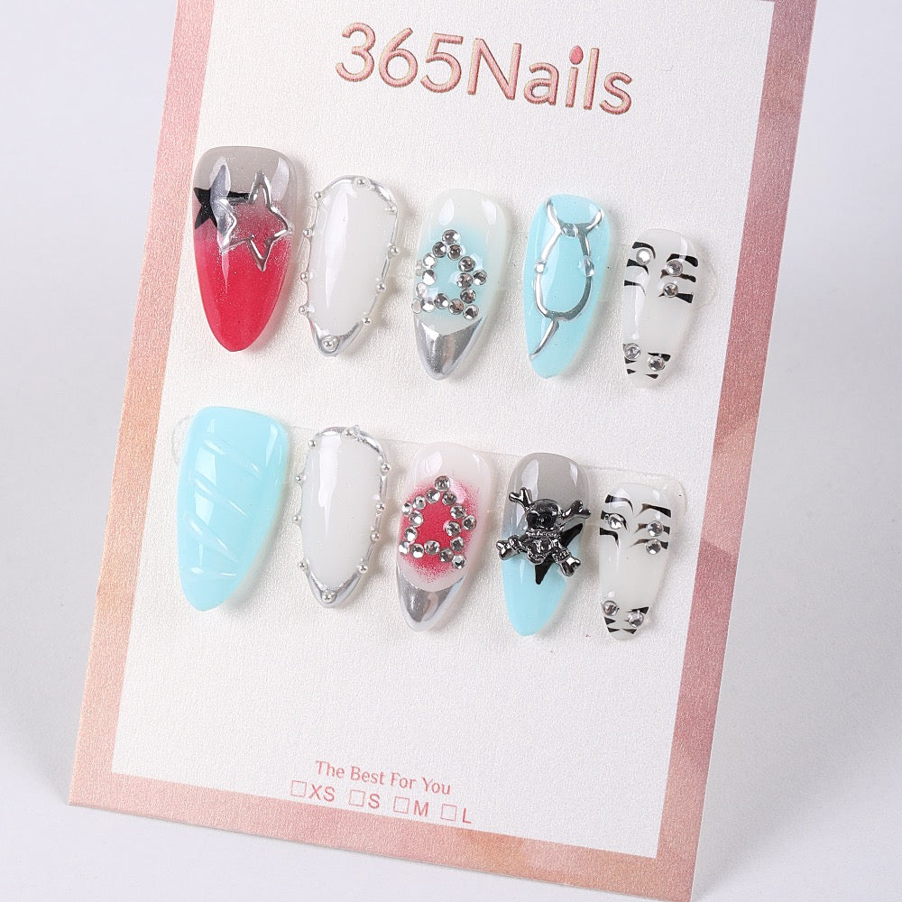 365Nails Punk Stud Press-On Nails Ice Blue Silver Mix Skull Star Chains Party Set