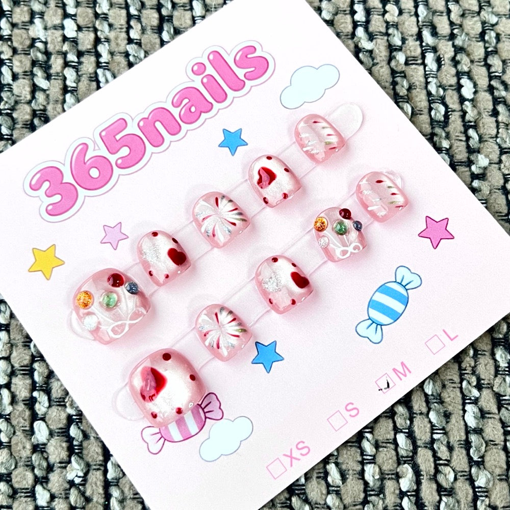 365nails: "Sweet Peppermint Dreams" – 3D Candy & Heart Handmade Short Square Nails