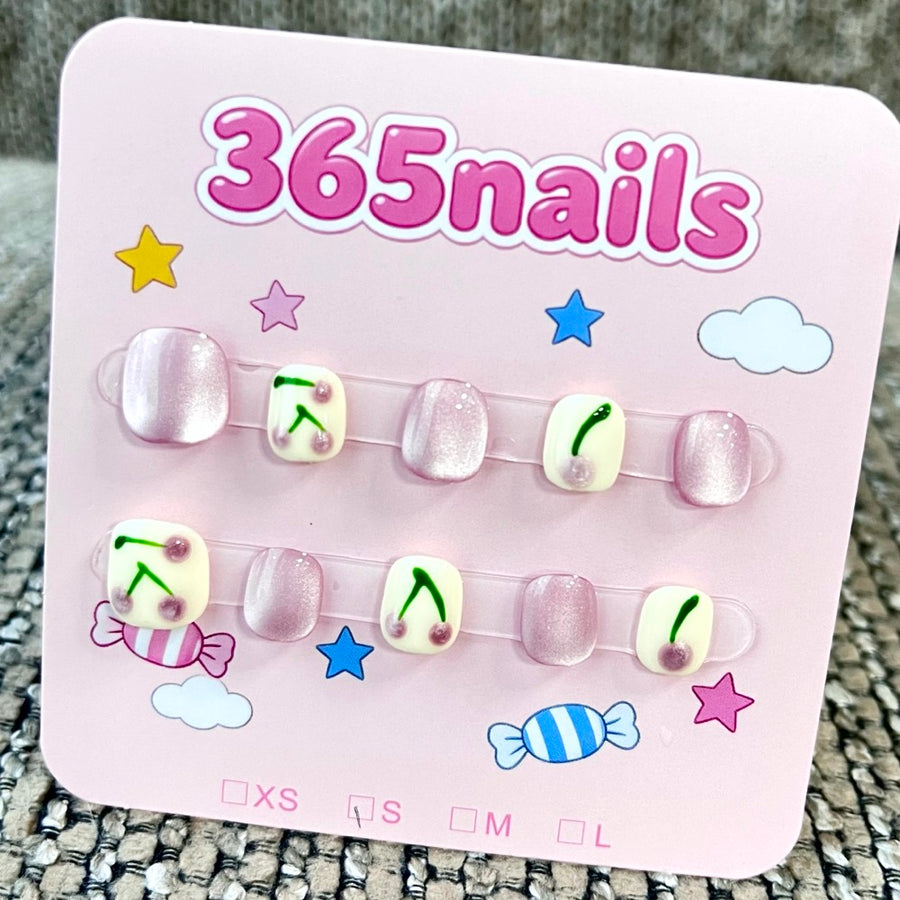 365nails: "Cherry Dew" – 3D Fruit Hand-Painted Handmade Short Square Nails