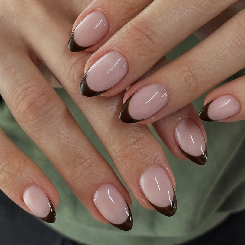 French Animal Print Glossy Brown Almond Short Press On Nails – Design 1