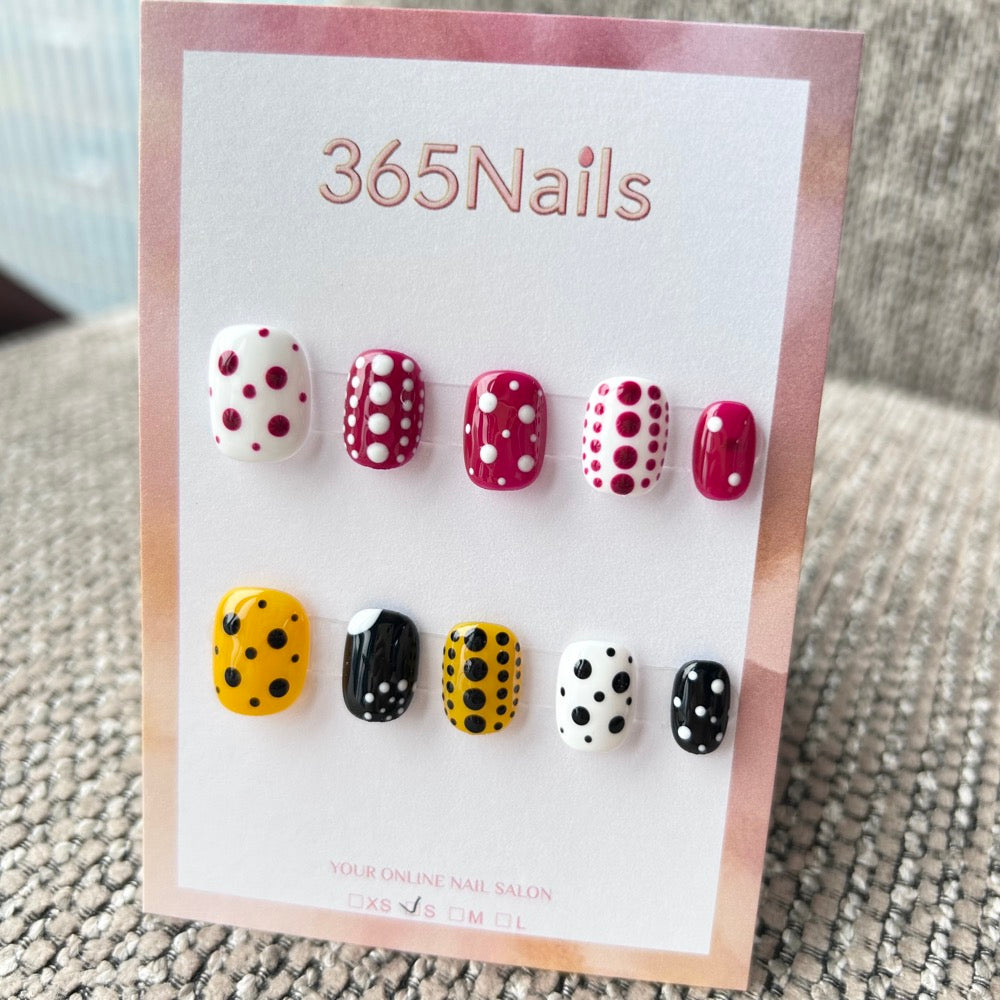 Cartoon & Dopamine: "Retro Pop Dots" – Wine Red, Yellow & Black Contrast Polka Dot Art Short Nails
