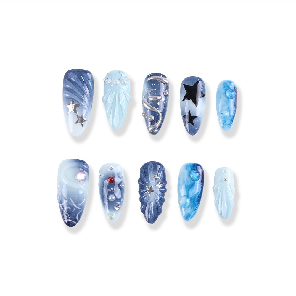 Galaxy Blue Press-On Nails with Star Accents and 3D Cosmic Design ( MOQ=5pcs )