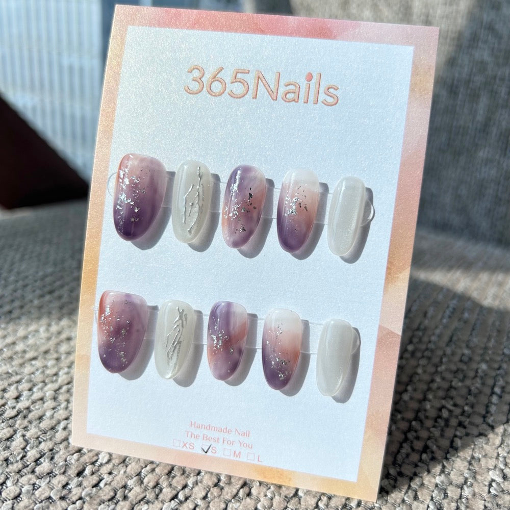Ethereal Ink: "Twilight Lavender" – Smoky Purple & Rust Gradient with Silver Foil & Metallic Line Oval Nails