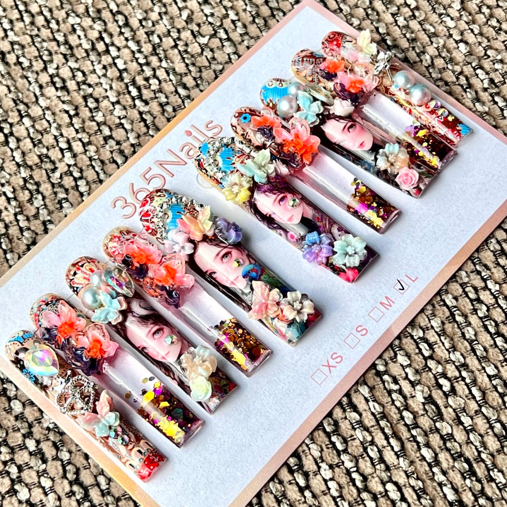 365nails: "Bohemian Floral Maiden" – Handmade Liquid Motion Press-On Long Pipe Nails-5.5cm